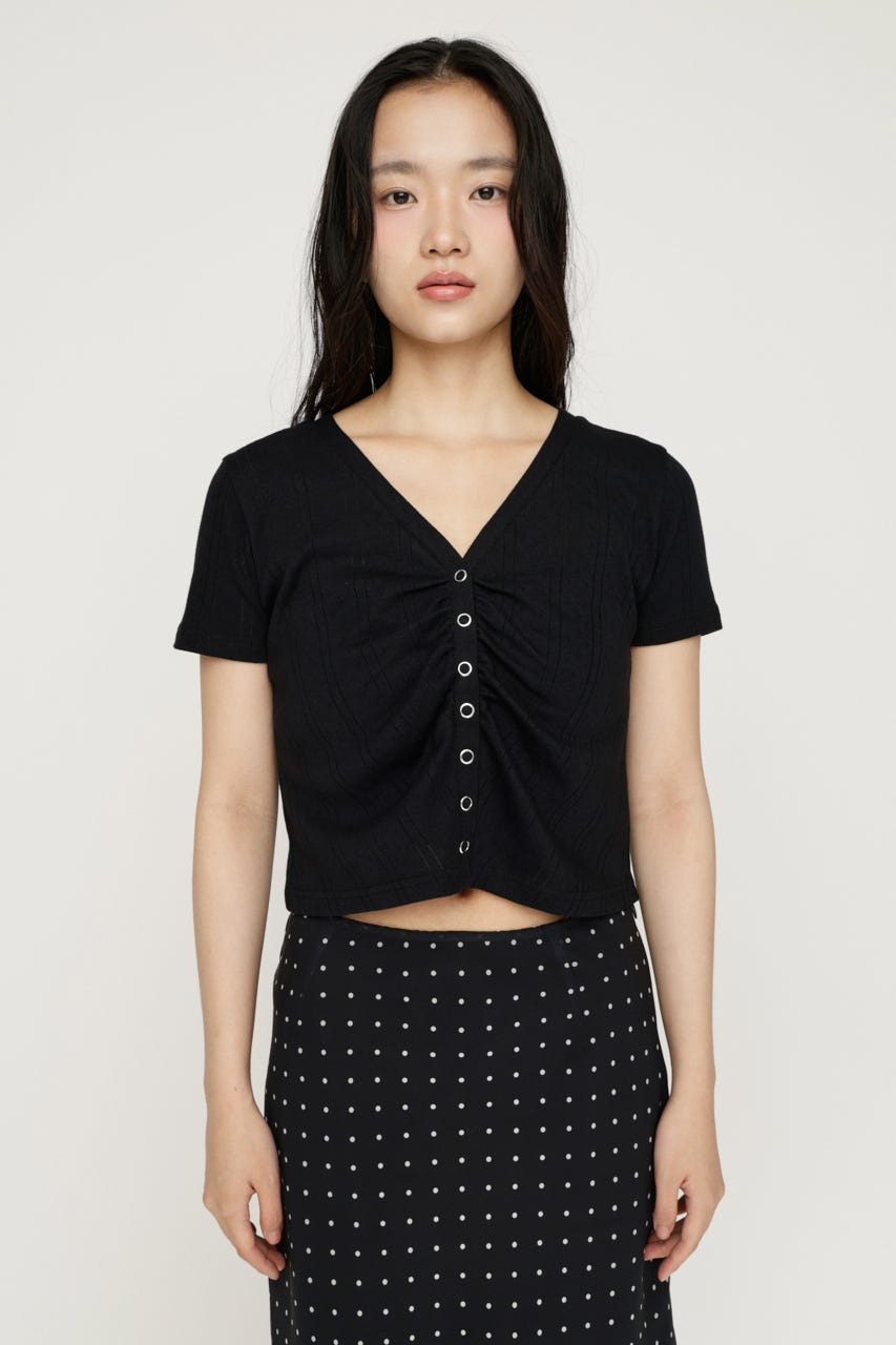 GATHER EYELET V／N カーディガン BLK FREE