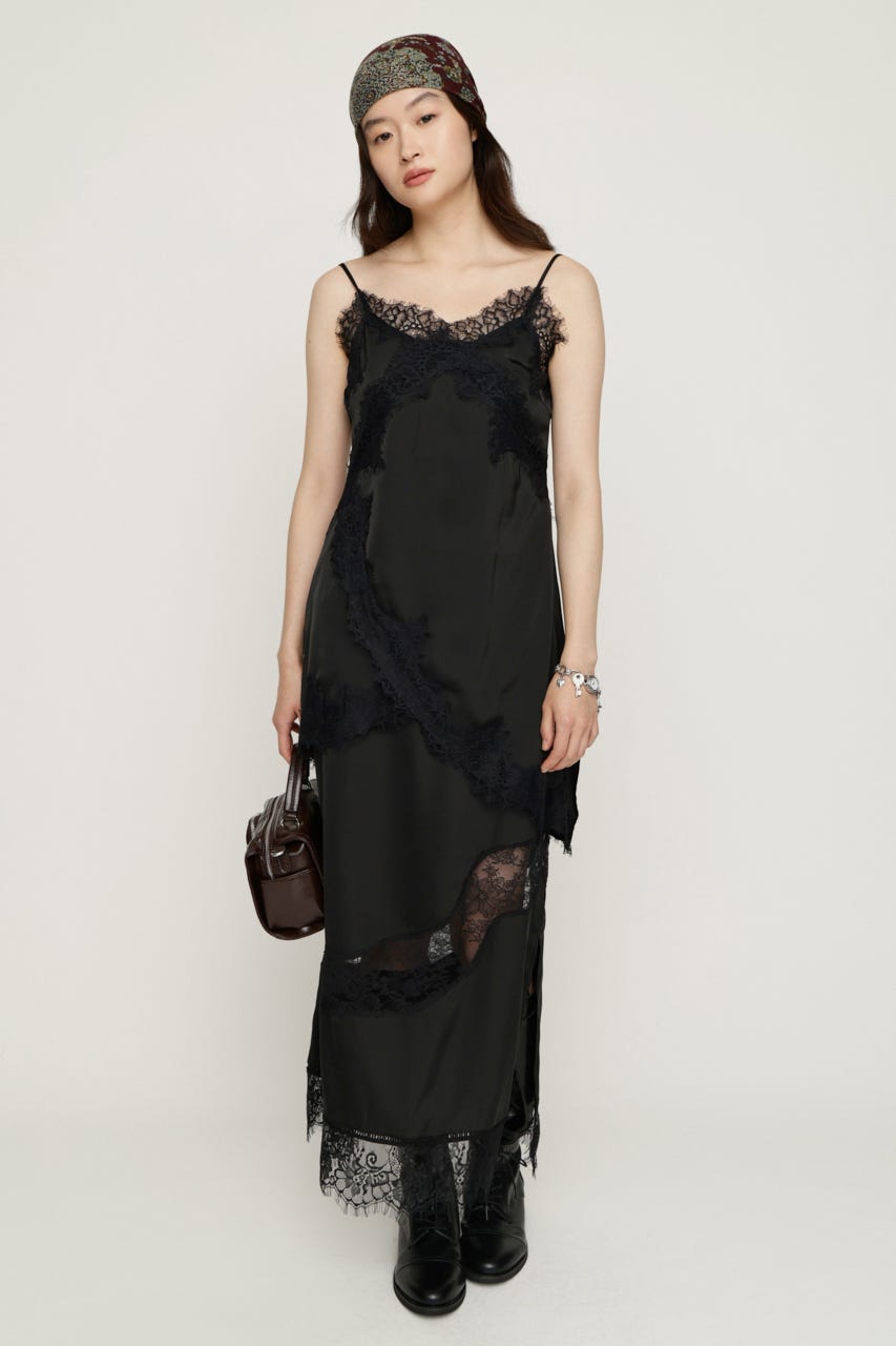 VINTAGE SATIN CAMI LACE トップス BLK FREE