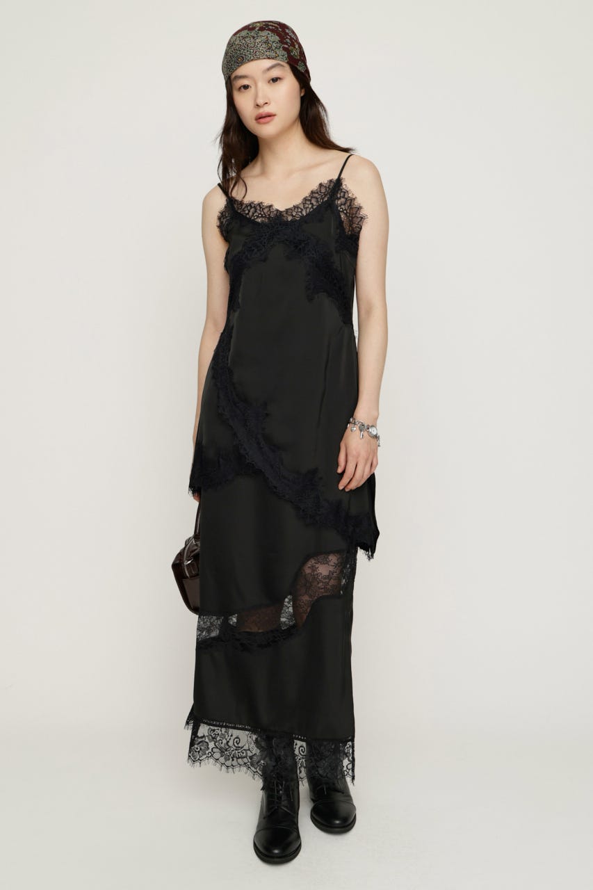 VINTAGE SATIN CAMI LACE トップス BLK FREE