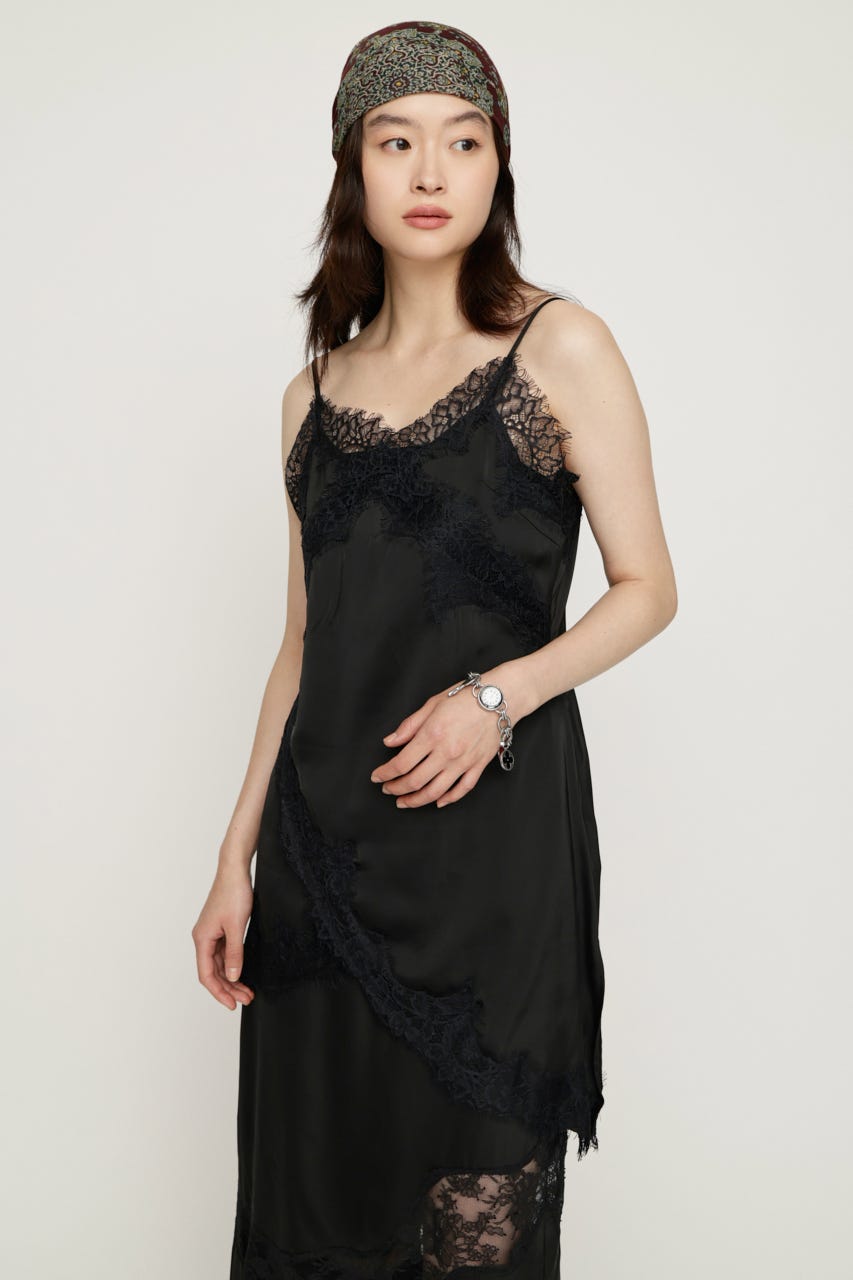 VINTAGE SATIN CAMI LACE トップス BLK FREE