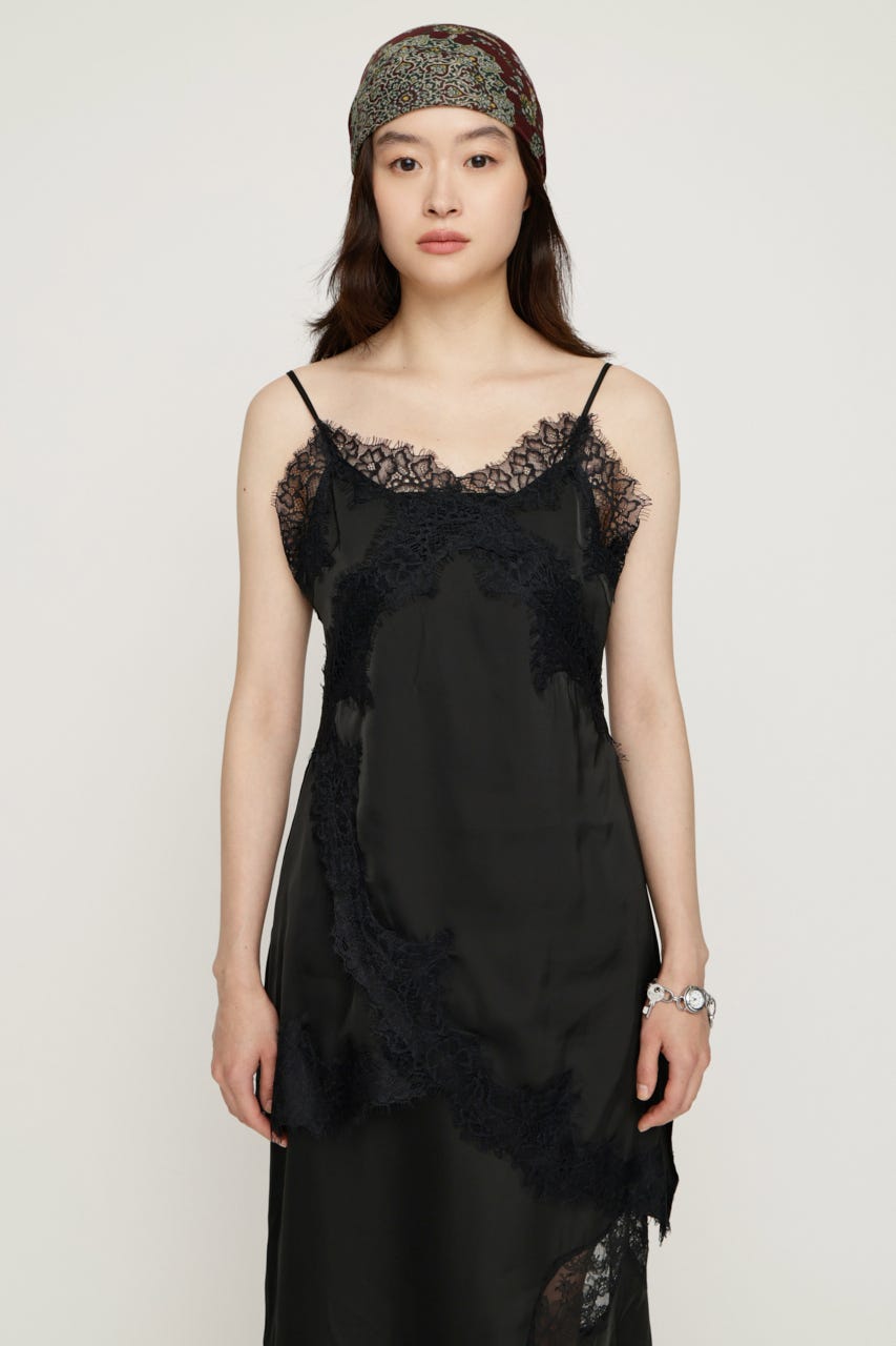 VINTAGE SATIN CAMI LACE トップス BLK FREE