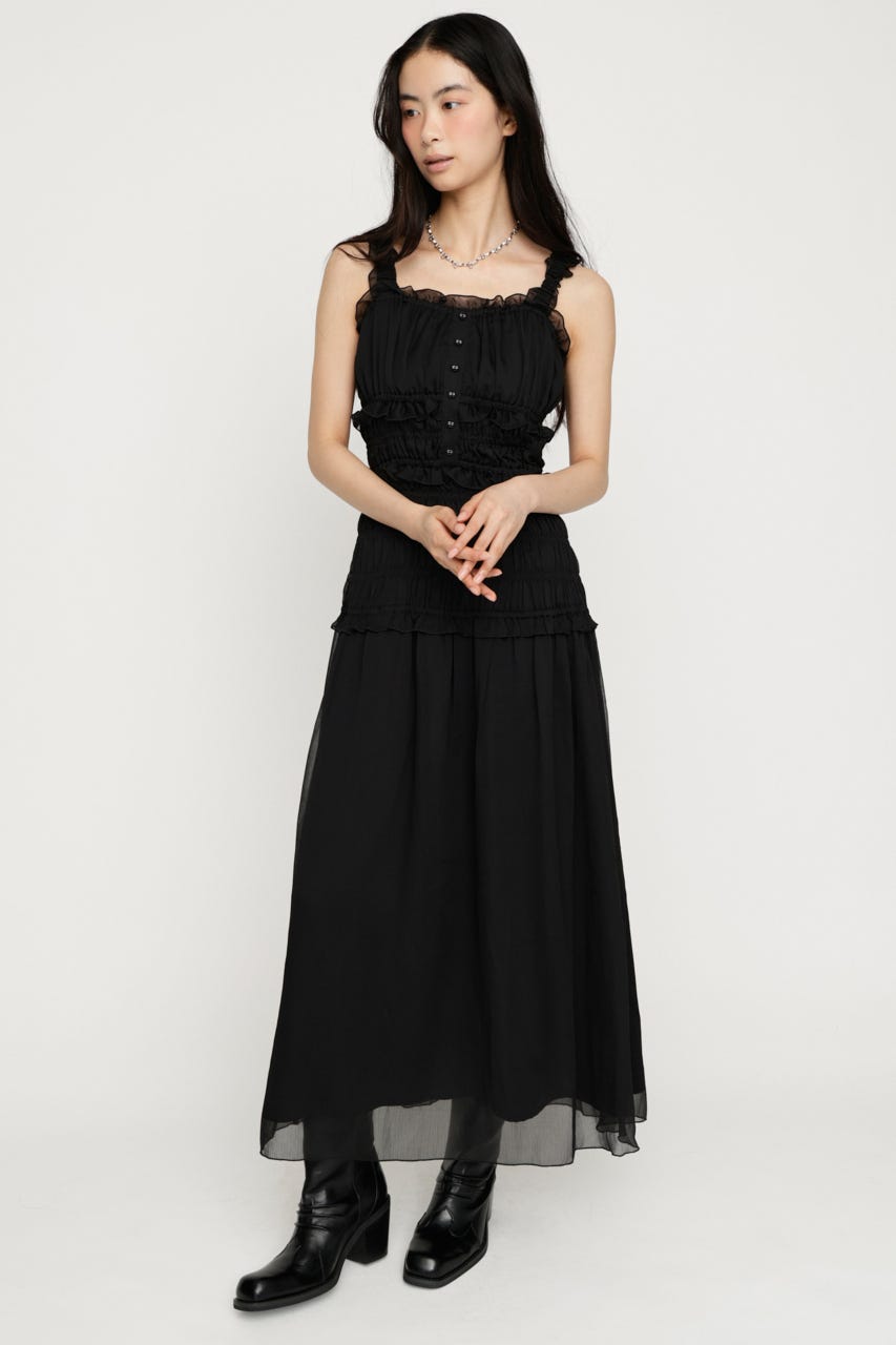 SHIRRING FRILL DERSS BLK FREE