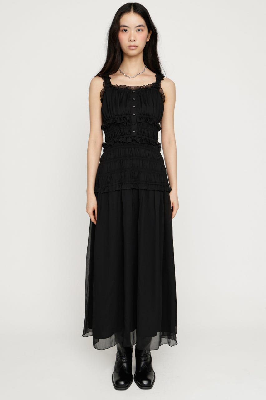 SHIRRING FRILL DERSS BLK FREE