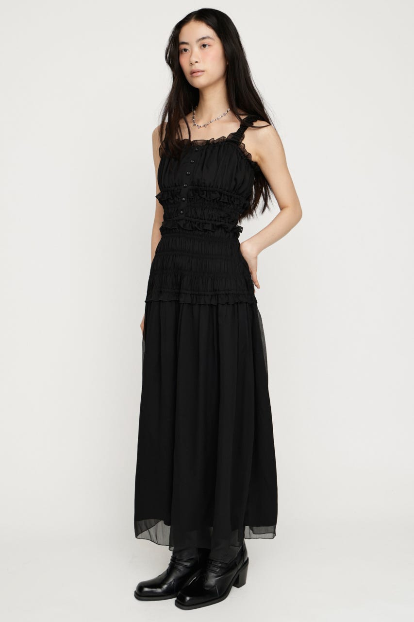 SHIRRING FRILL DERSS BLK FREE