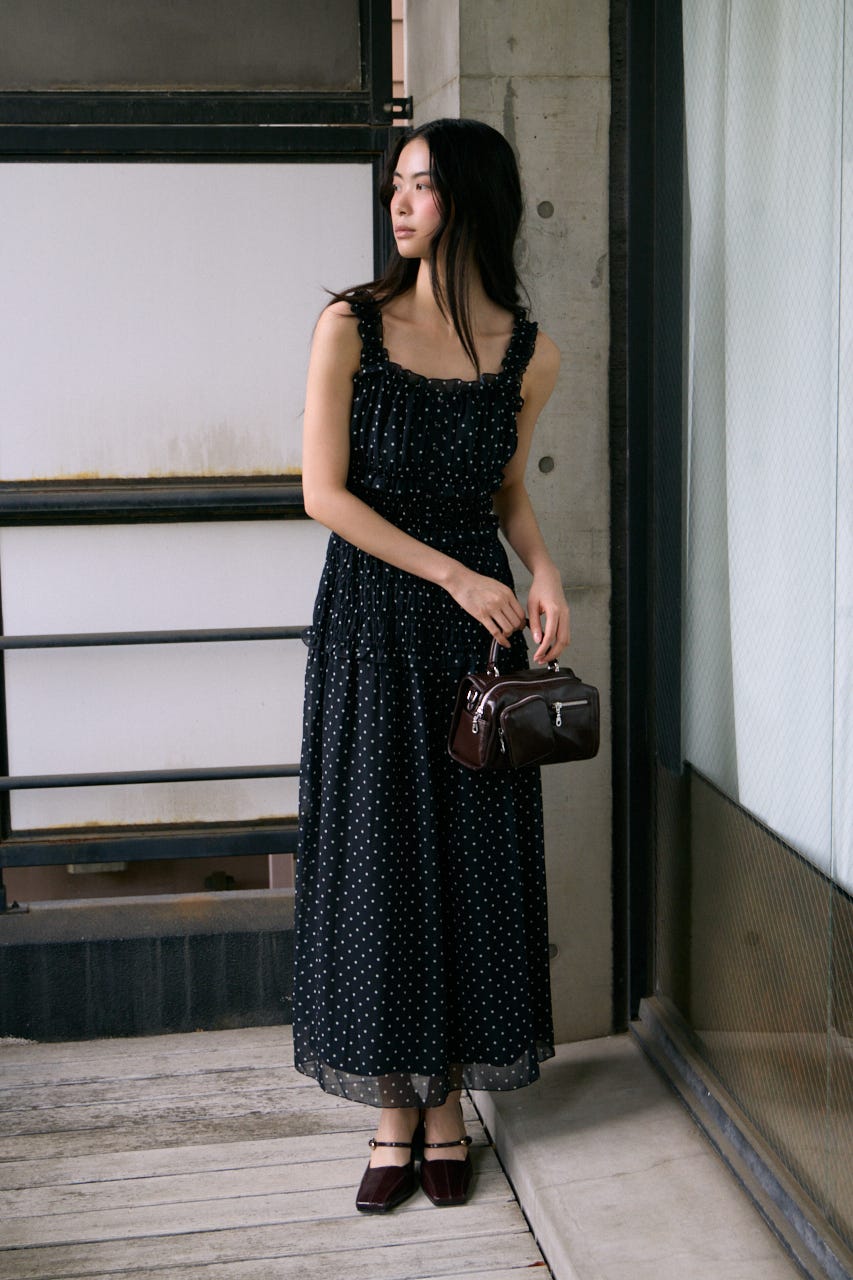 SHIRRING FRILL DERSS M/BLK FREE