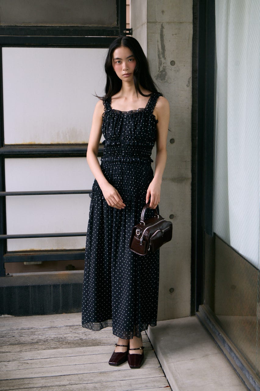 SHIRRING FRILL DERSS M/BLK FREE