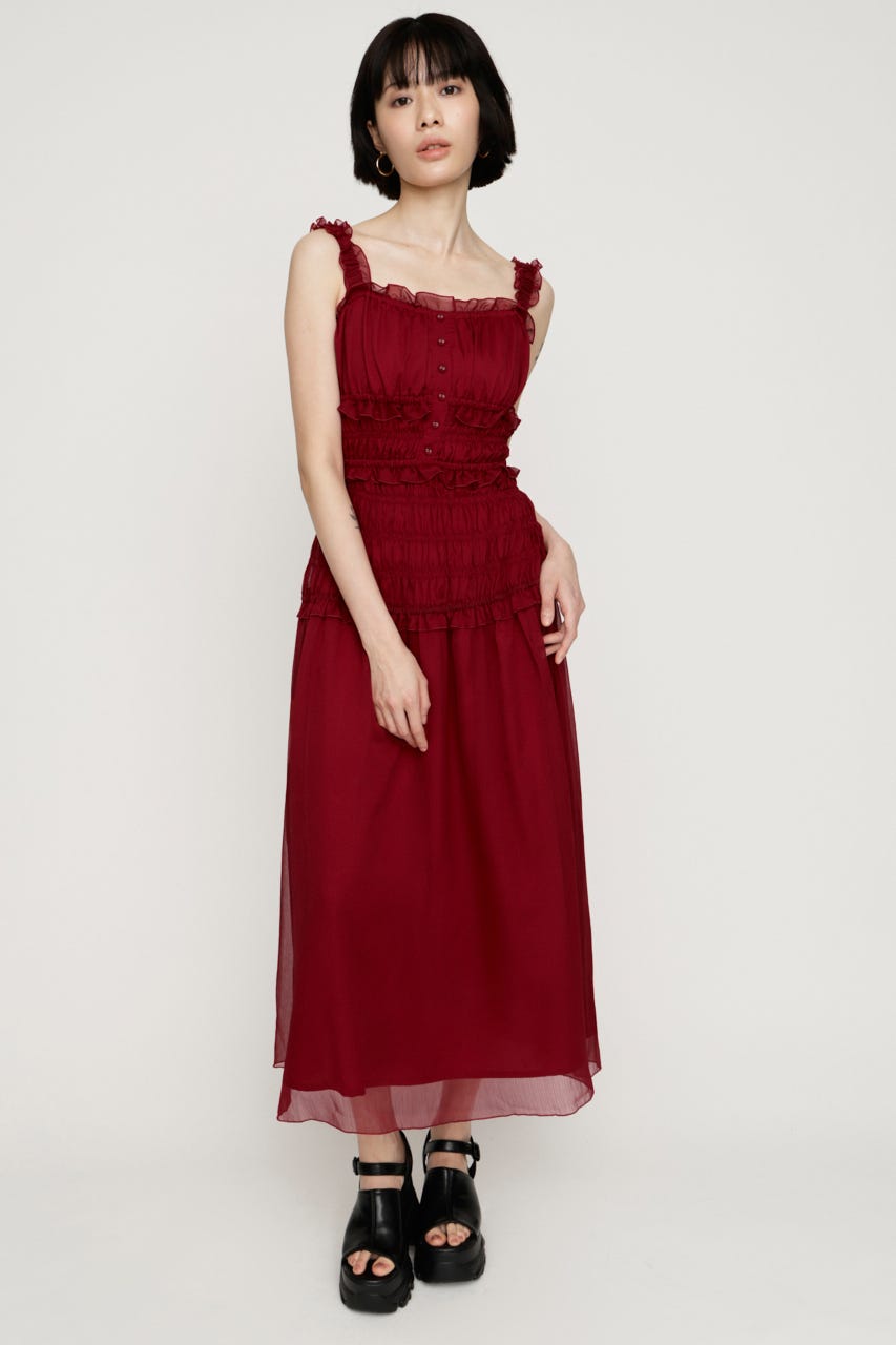 SHIRRING FRILL DERSS RED FREE