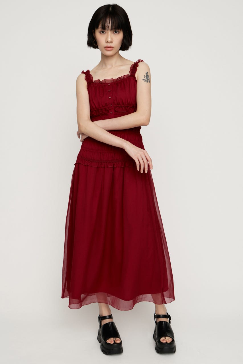 SHIRRING FRILL DERSS RED FREE