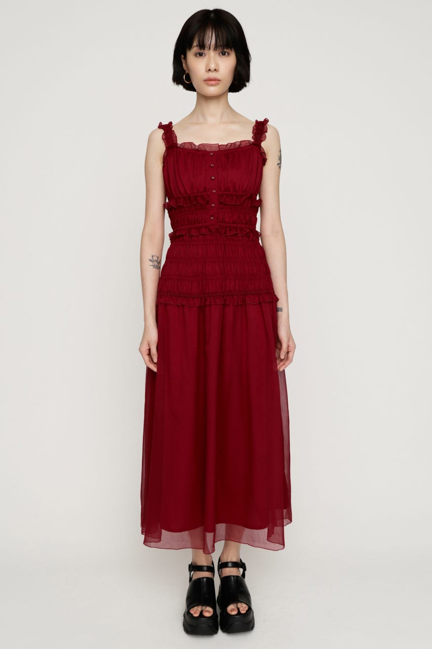 SHIRRING FRILL DERSS RED FREE