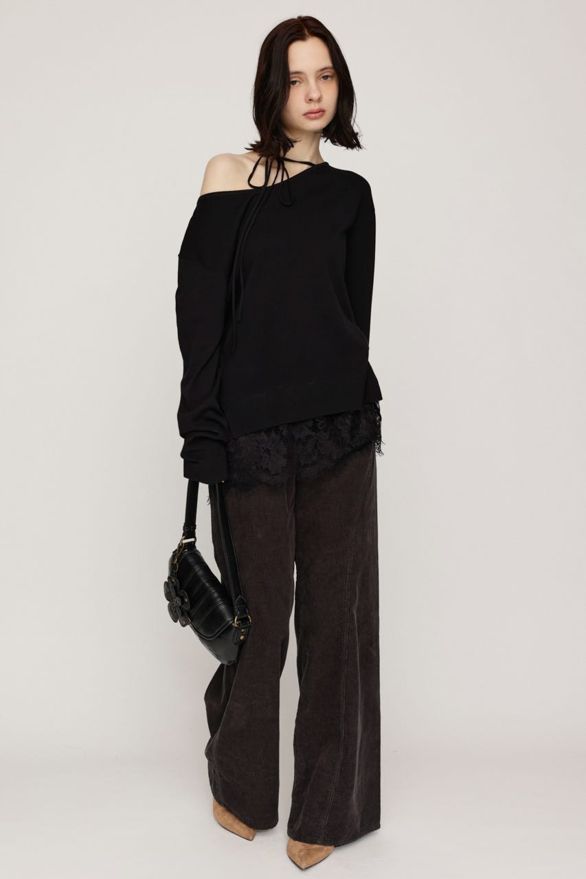 LACE TRIM V NECK KNIT トップス BLK FREE