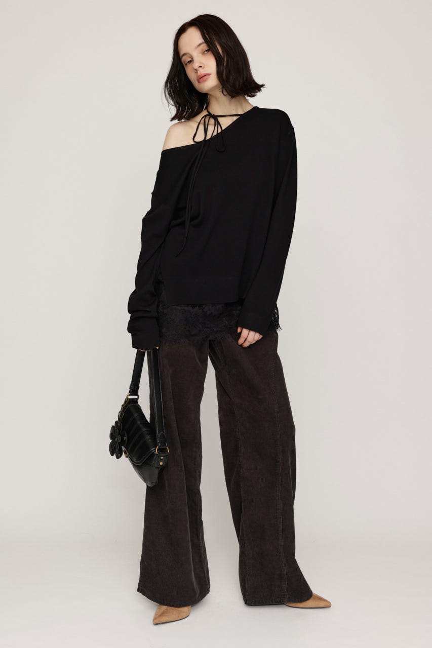 LACE TRIM V NECK KNIT トップス BLK FREE