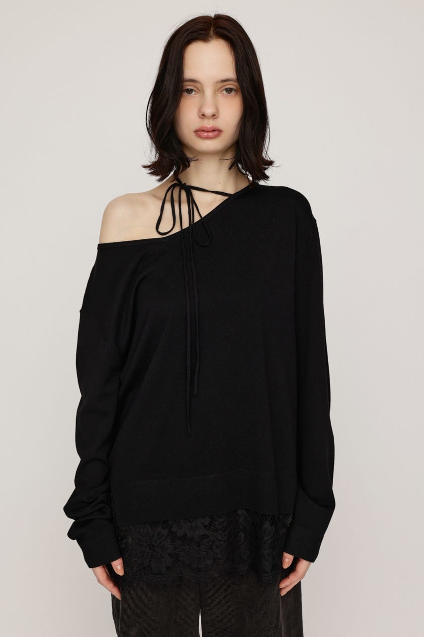 LACE TRIM V NECK KNIT トップス BLK FREE