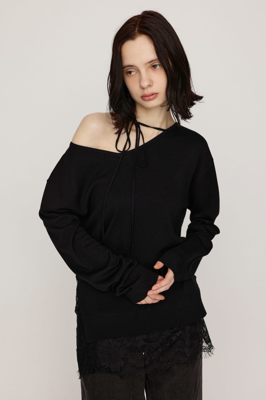 LACE TRIM V NECK KNIT トップス BLK FREE