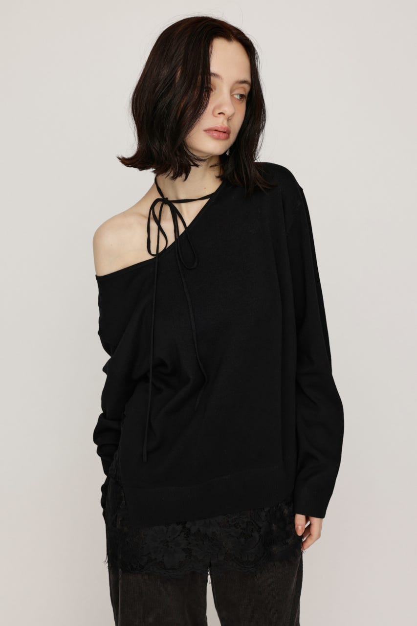 LACE TRIM V NECK KNIT トップス BLK FREE