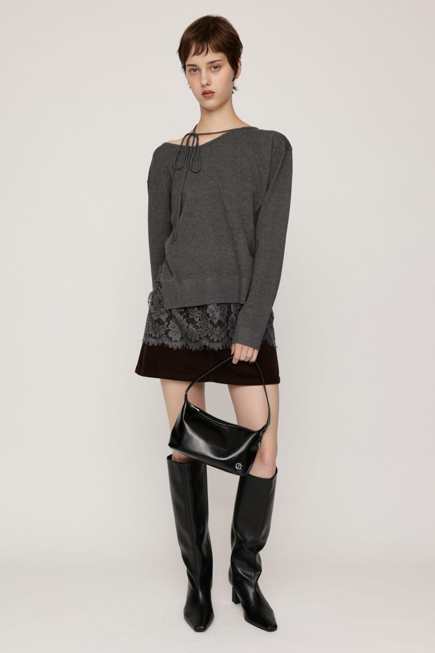LACE TRIM V NECK KNIT トップス T.GRY FREE