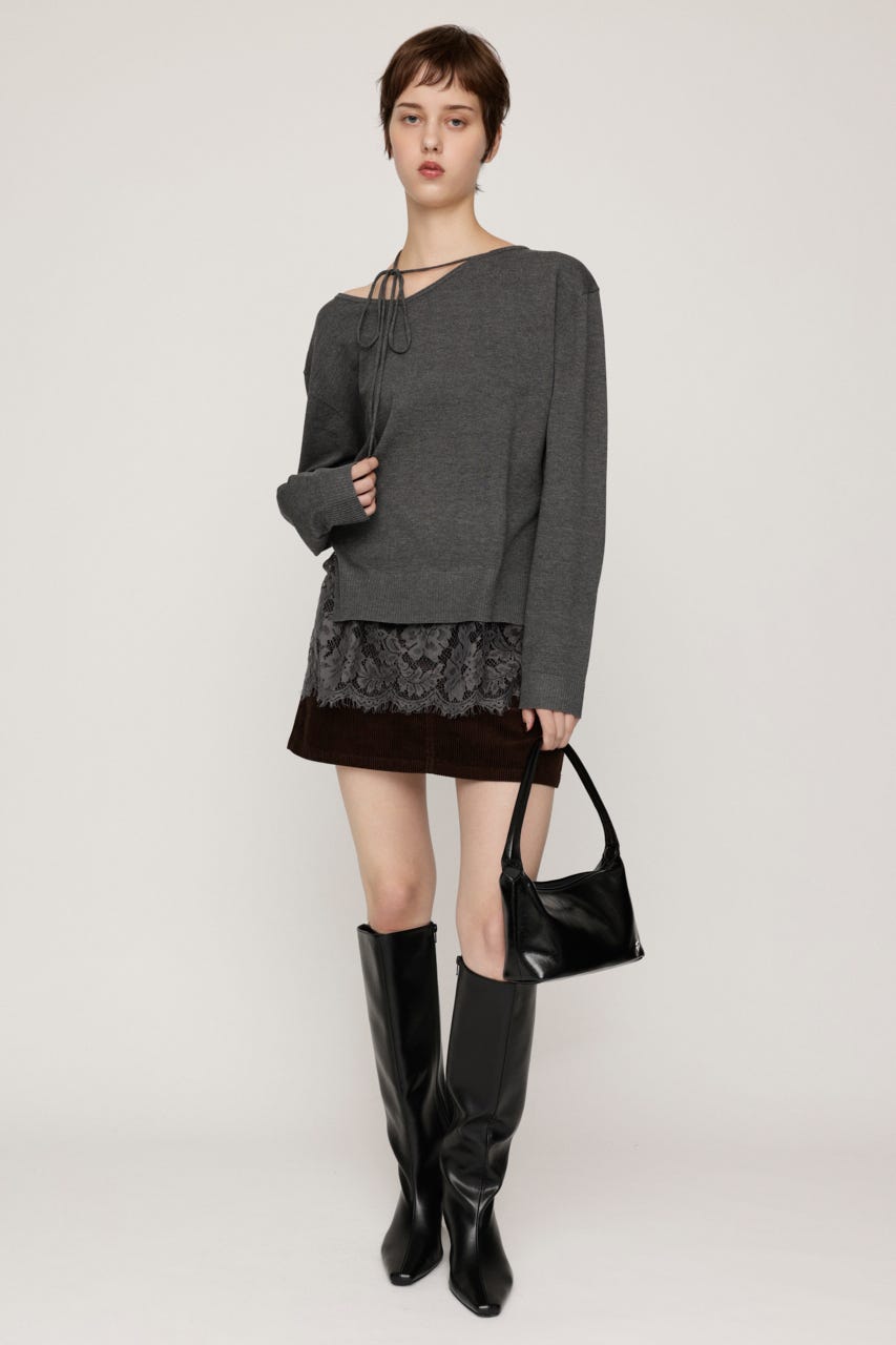 LACE TRIM V NECK KNIT トップス T.GRY FREE