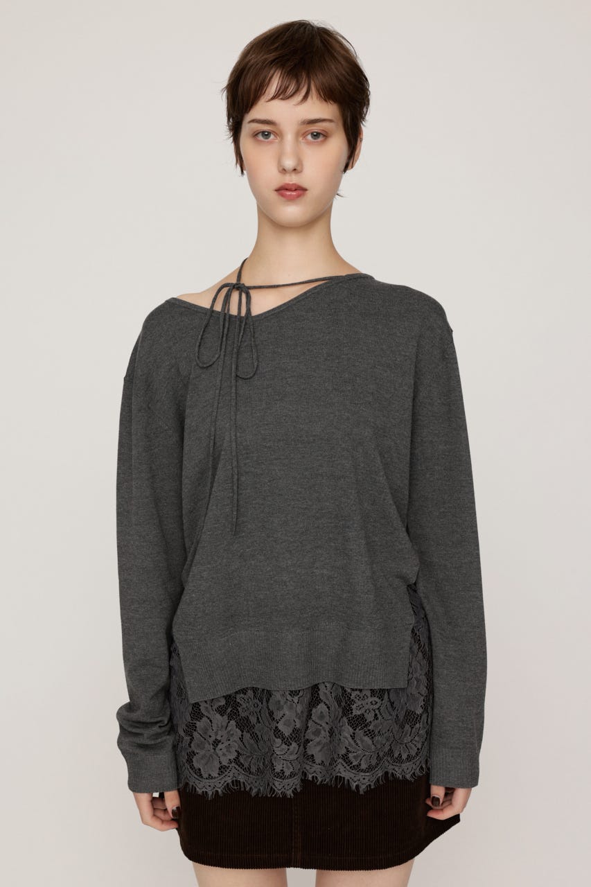 LACE TRIM V NECK KNIT トップス T.GRY FREE