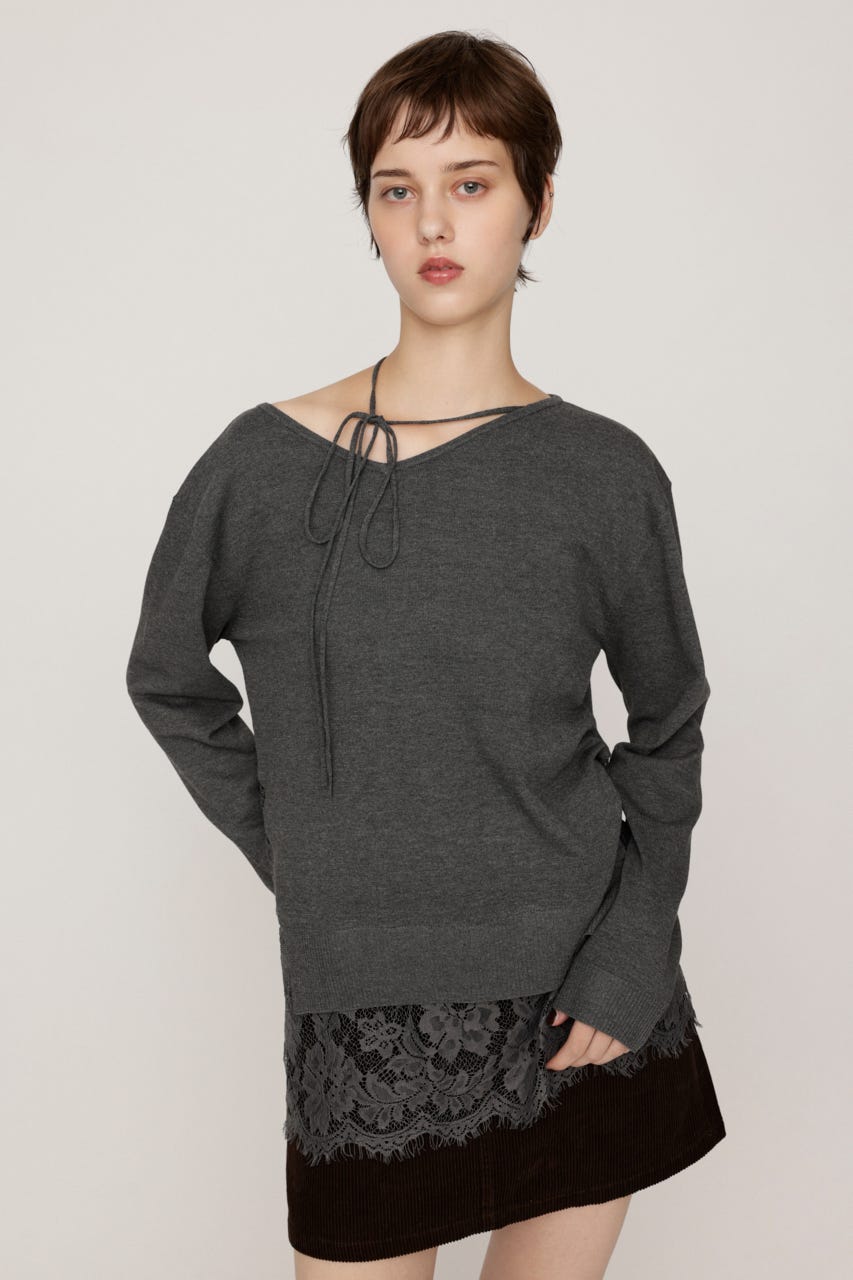 LACE TRIM V NECK KNIT トップス T.GRY FREE
