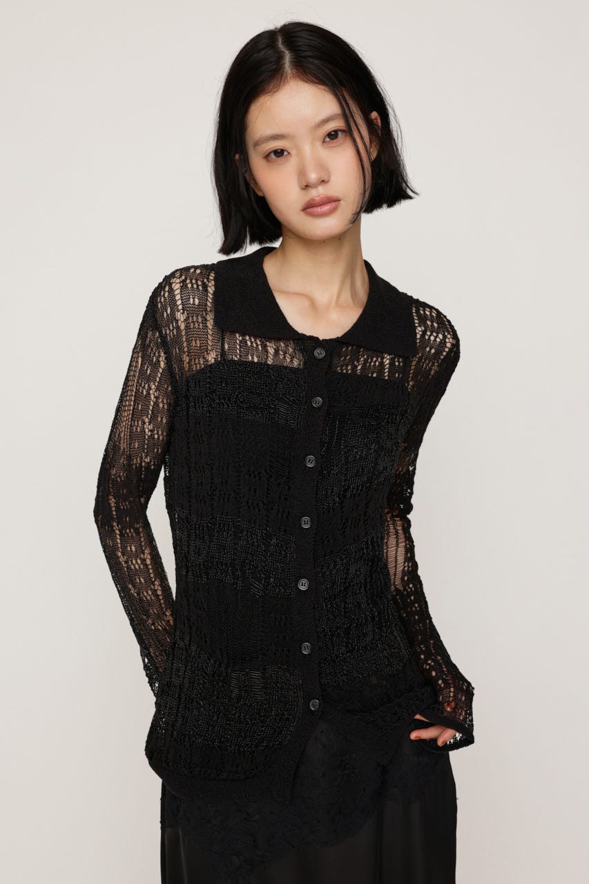 SHINY CROCHET KNIT カーディガン BLK FREE