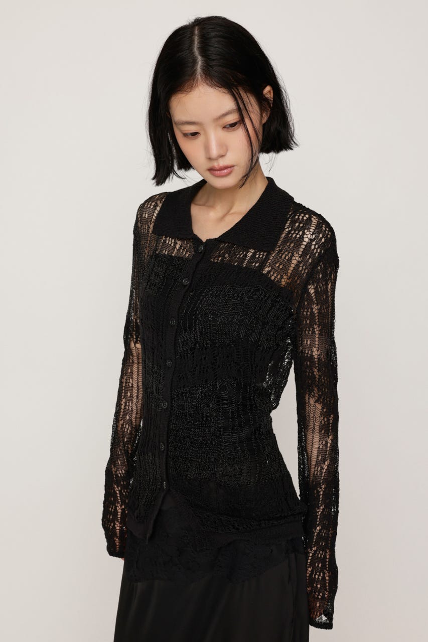 SHINY CROCHET KNIT カーディガン BLK FREE