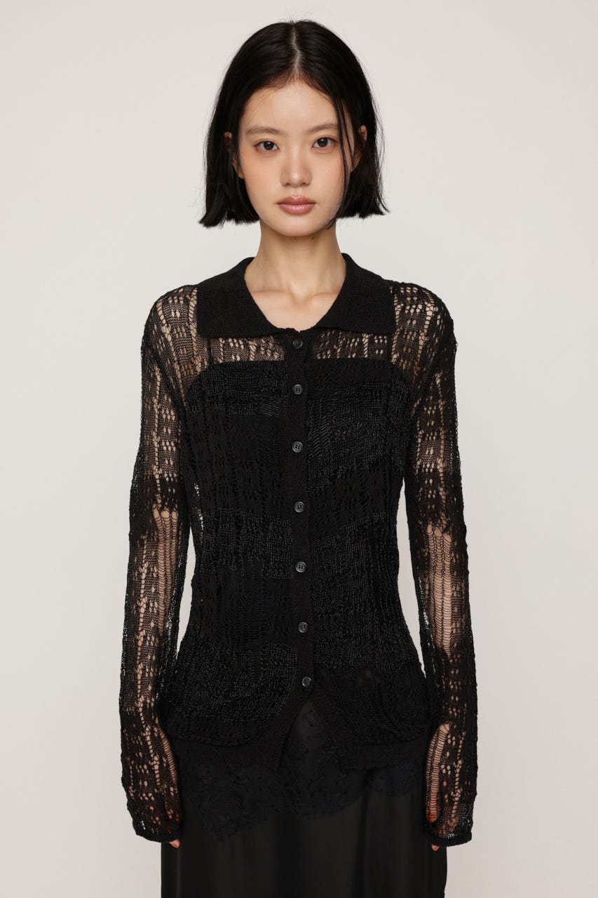 SHINY CROCHET KNIT カーディガン BLK FREE