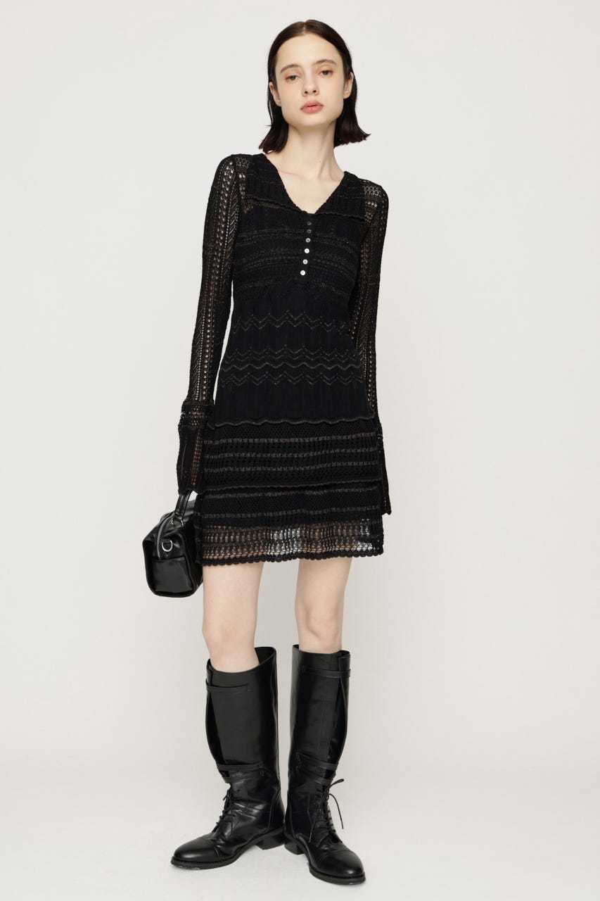 CROCHET KNIT ショートワンピース BLK FREE