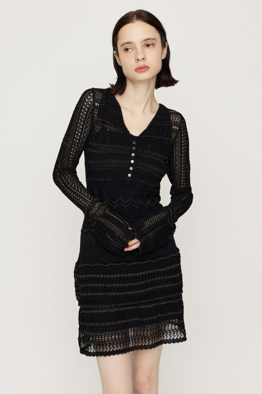 CROCHET KNIT ショートワンピース BLK FREE