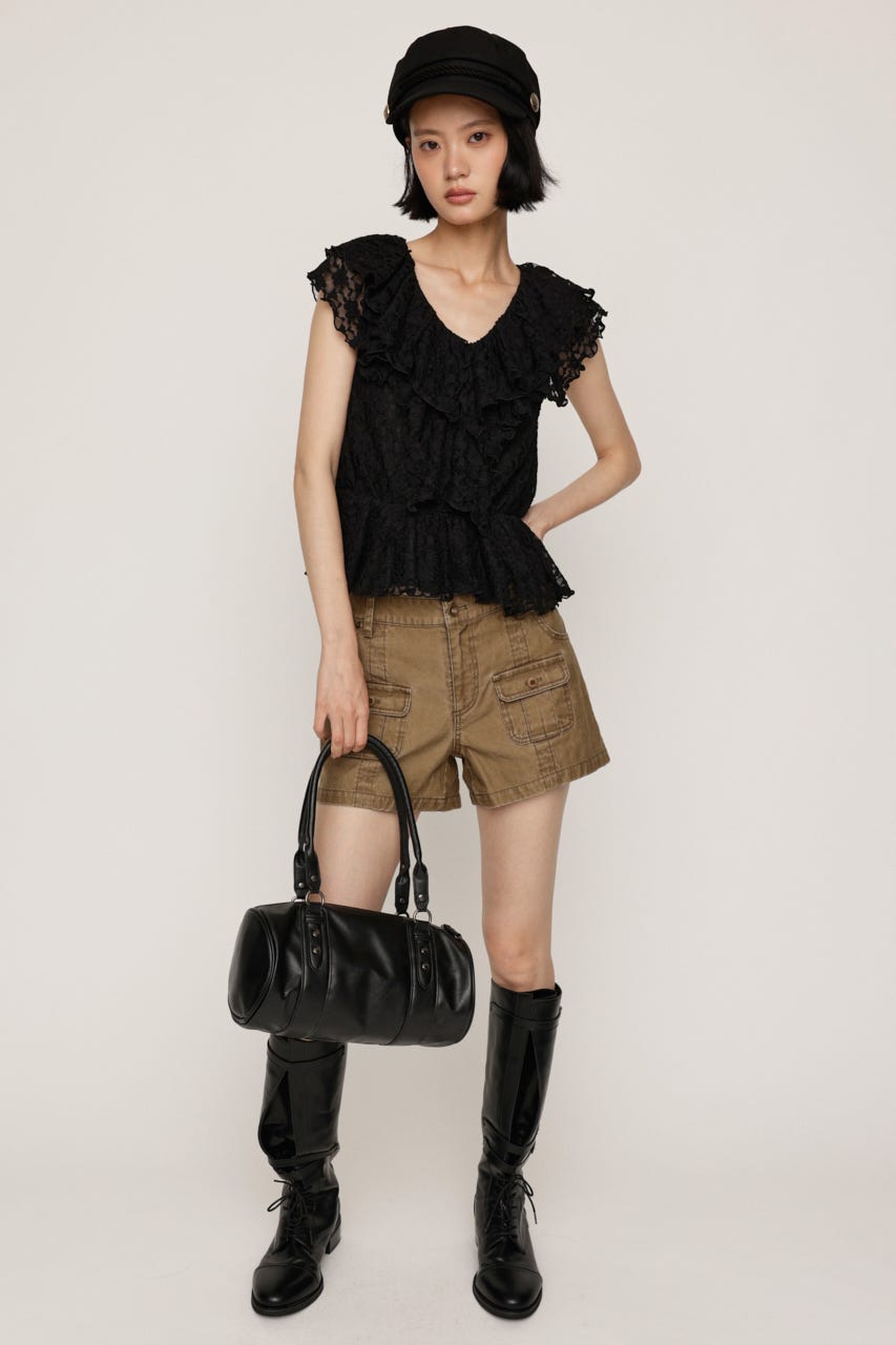 CUT LACE FRILL トップス BLK FREE