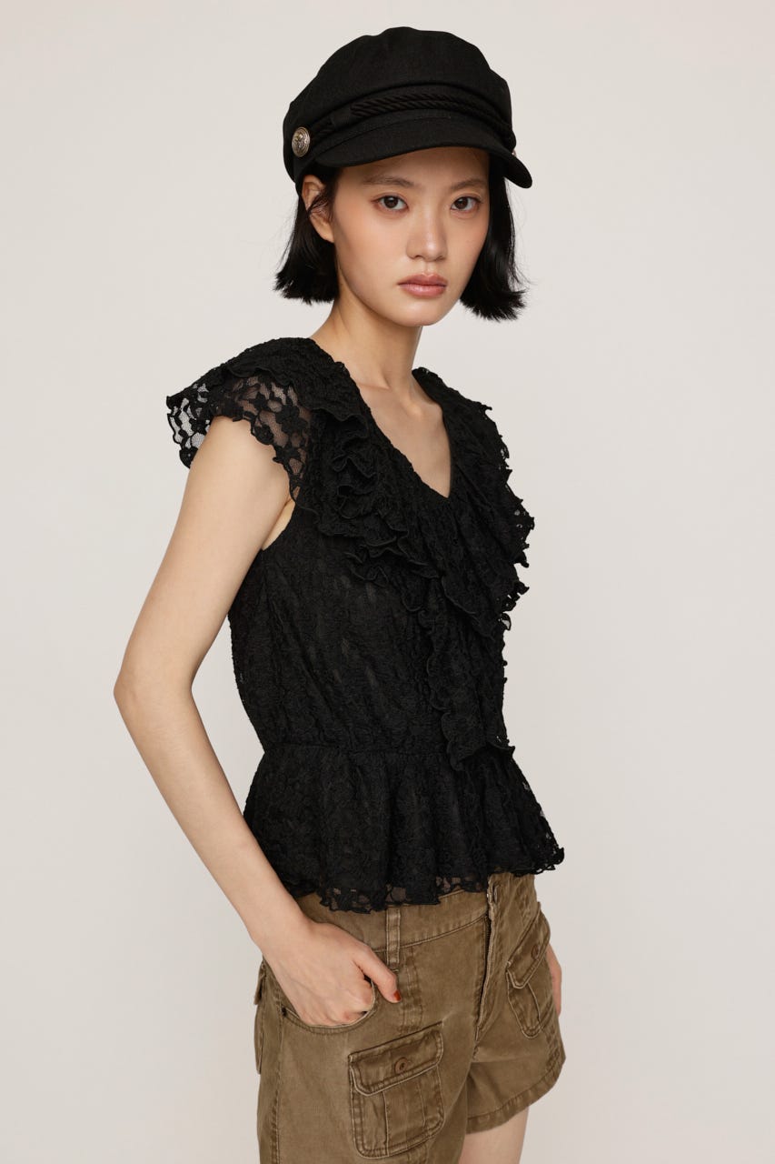 CUT LACE FRILL トップス BLK FREE