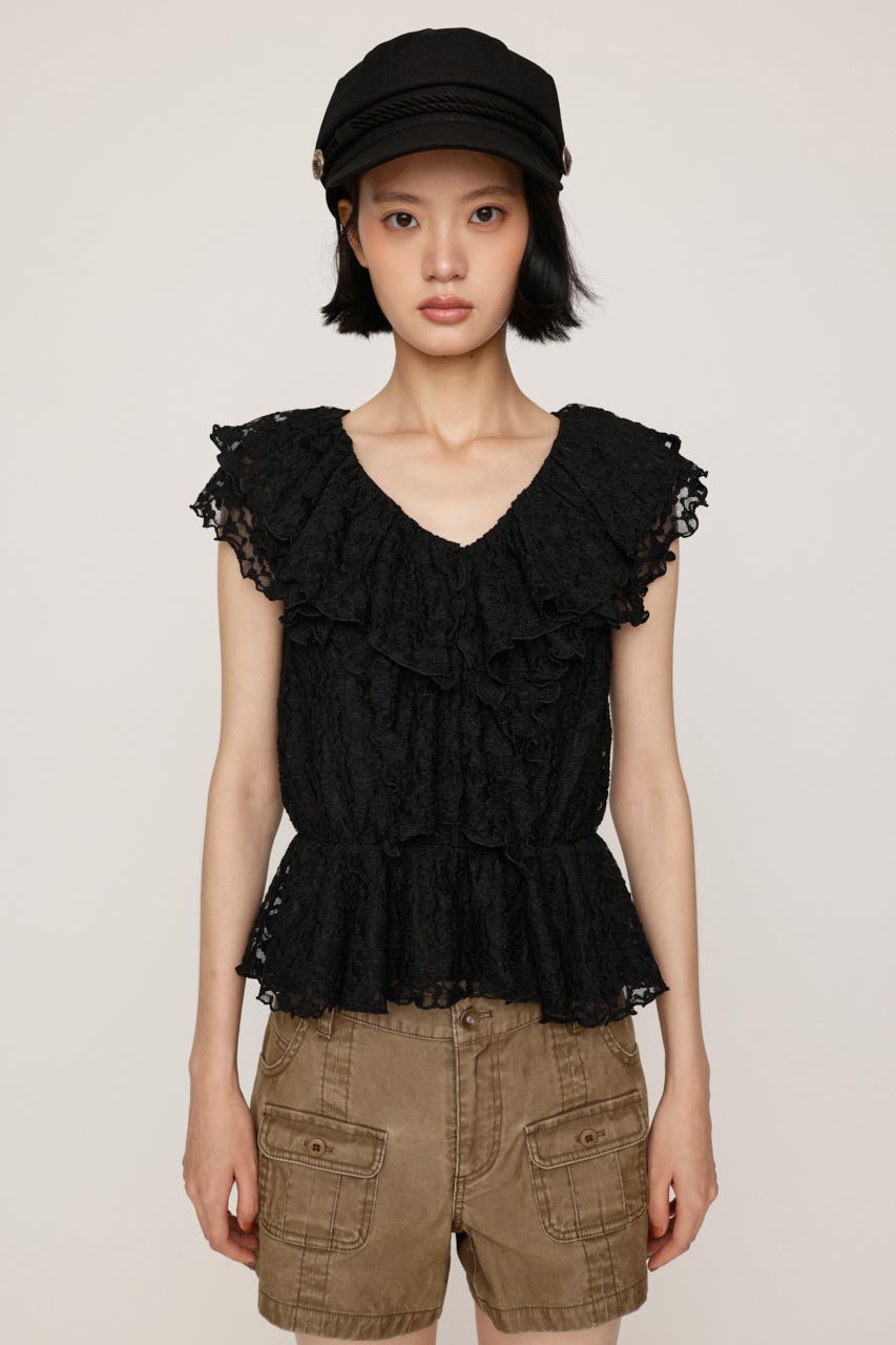 CUT LACE FRILL トップス BLK FREE