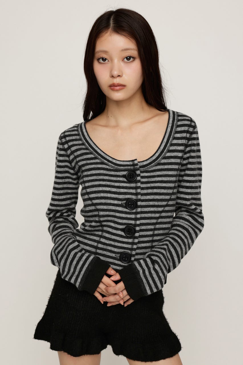 BIG BUTTON BORDER KNIT トップス M/BLK FREE