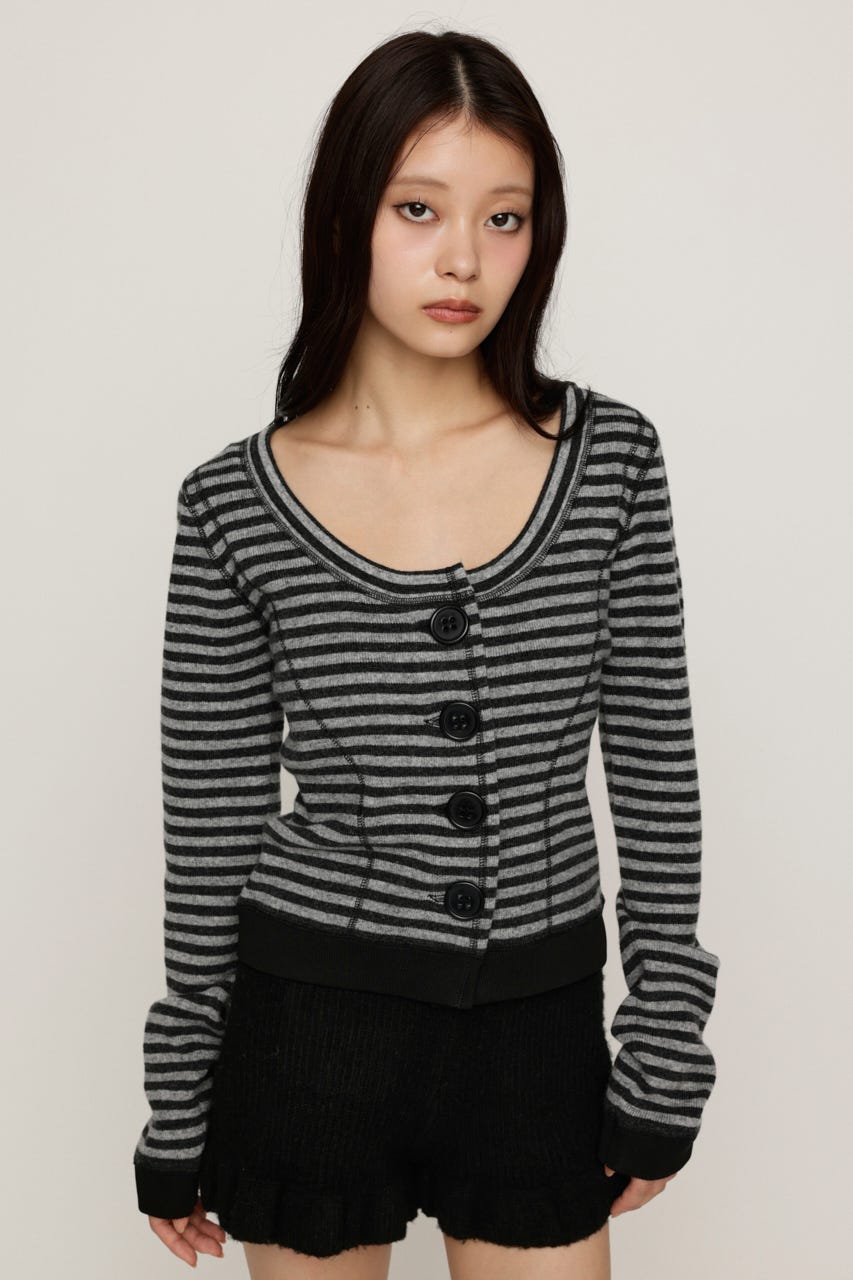 BIG BUTTON BORDER KNIT トップス M/BLK FREE