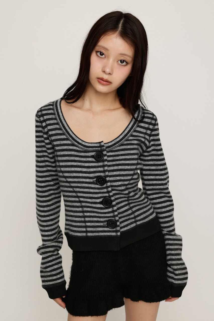 BIG BUTTON BORDER KNIT トップス M/BLK FREE