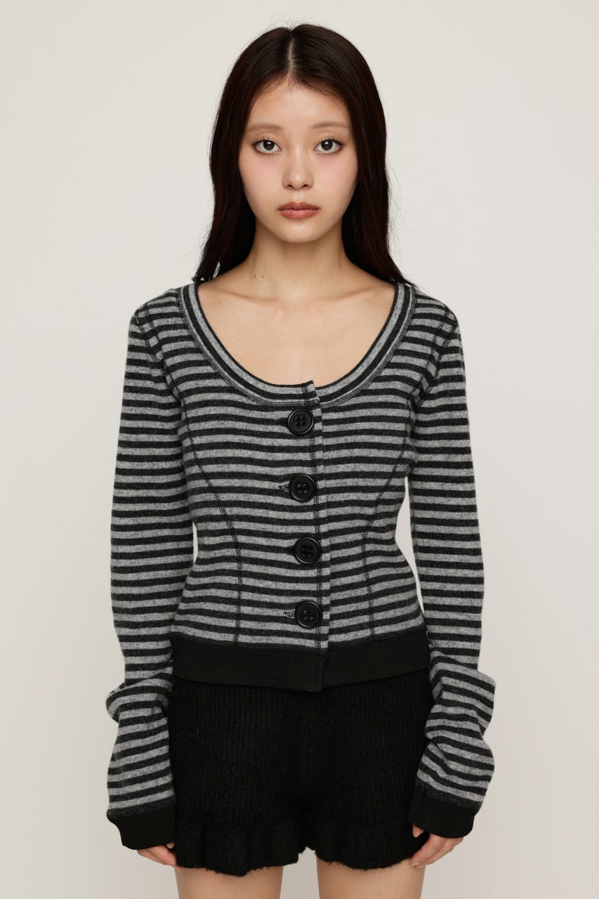 BIG BUTTON BORDER KNIT トップス M/BLK FREE