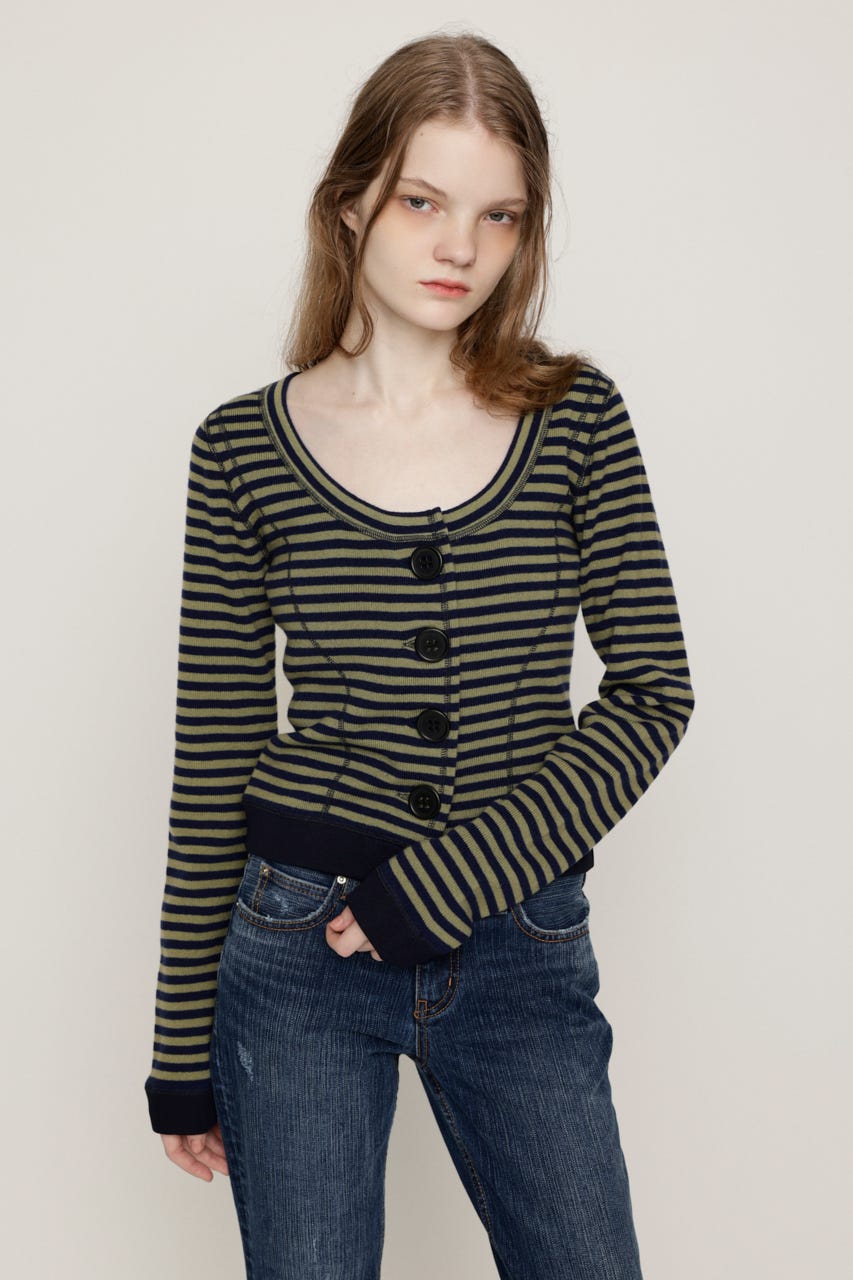 BIG BUTTON BORDER KNIT トップス M/NVY FREE