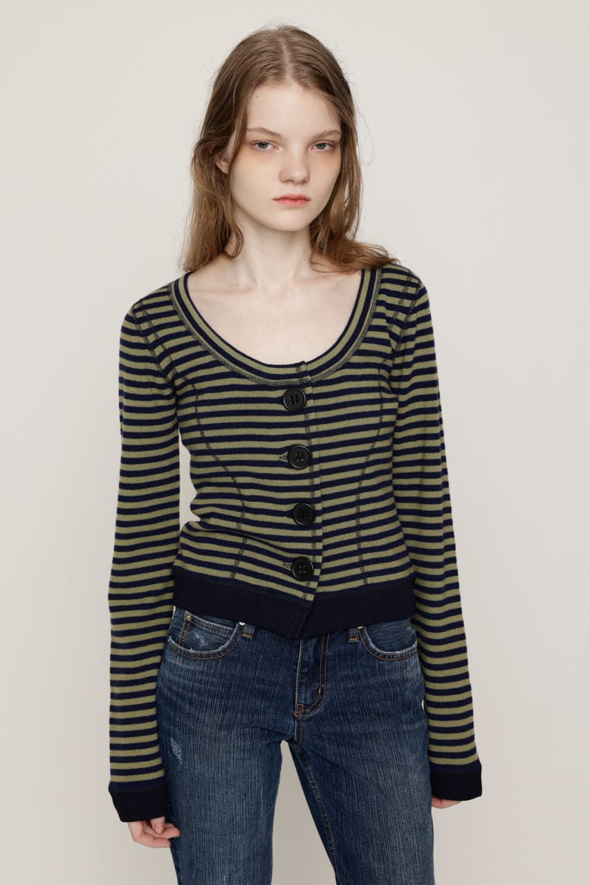 BIG BUTTON BORDER KNIT トップス M/NVY FREE