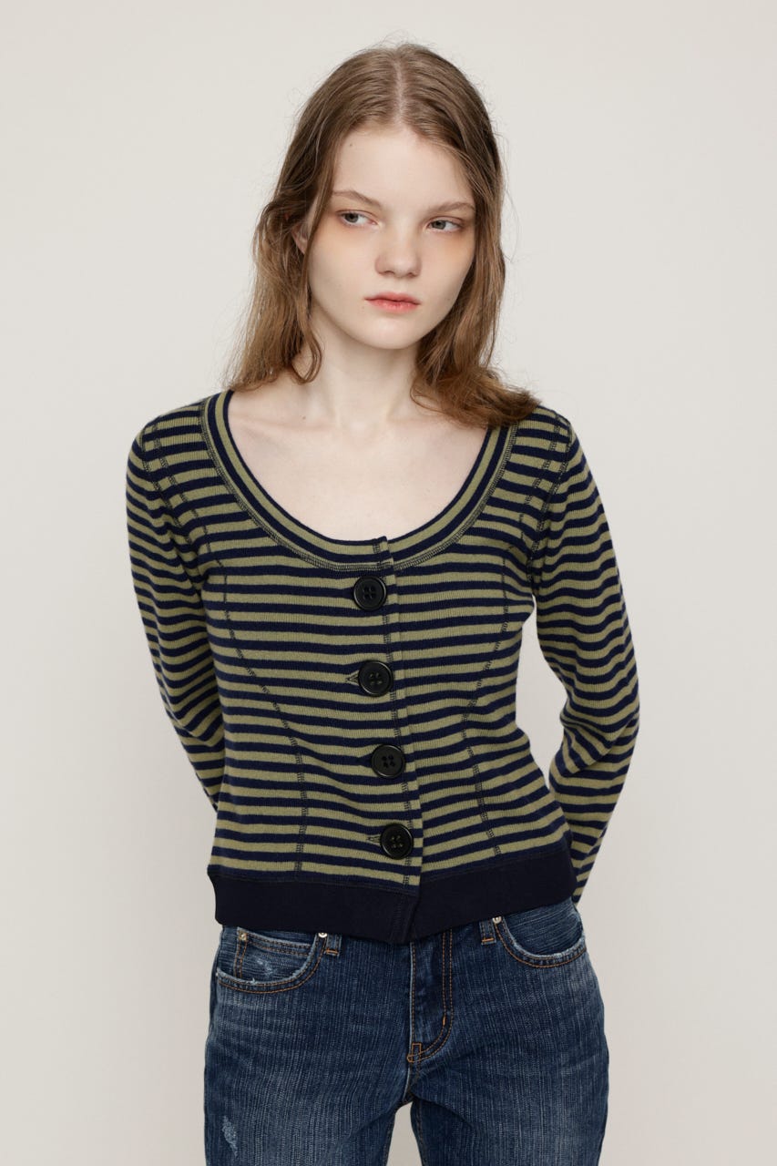 BIG BUTTON BORDER KNIT トップス M/NVY FREE