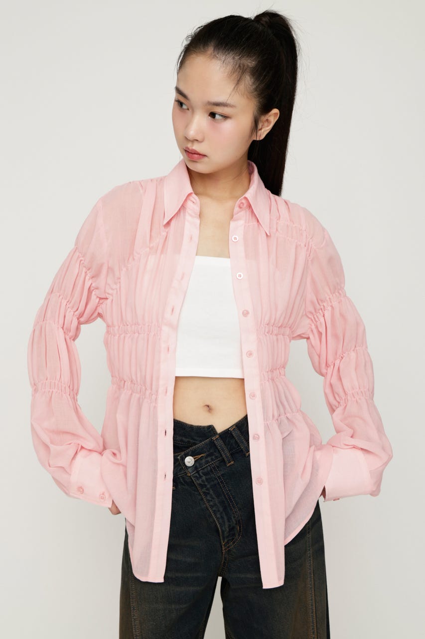 ASYMMETRY SHIRRING SHEER シャツ L/PNK FREE