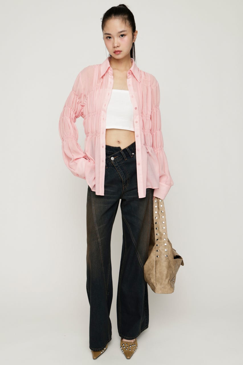 ASYMMETRY SHIRRING SHEER シャツ L/PNK FREE
