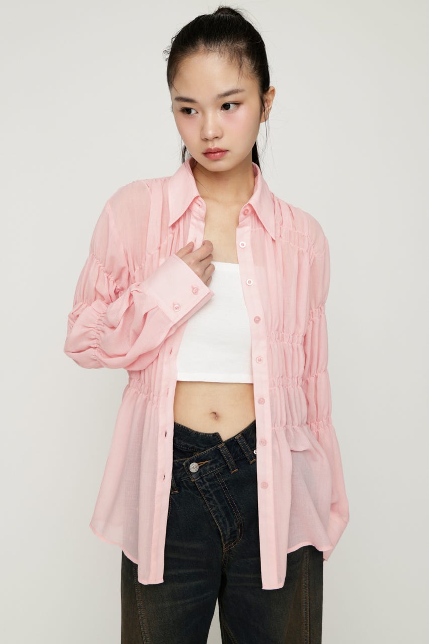 ASYMMETRY SHIRRING SHEER シャツ L/PNK FREE