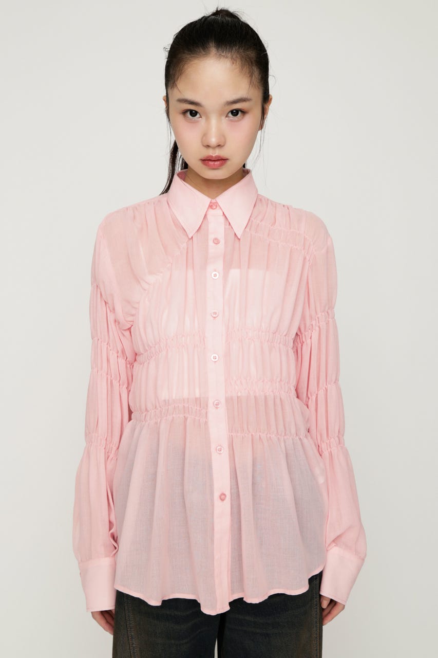 ASYMMETRY SHIRRING SHEER シャツ L/PNK FREE