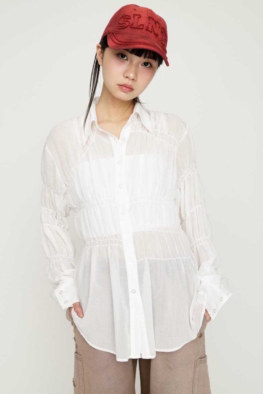 ASYMMETRY SHIRRING SHEER シャツ O/WHT FREE