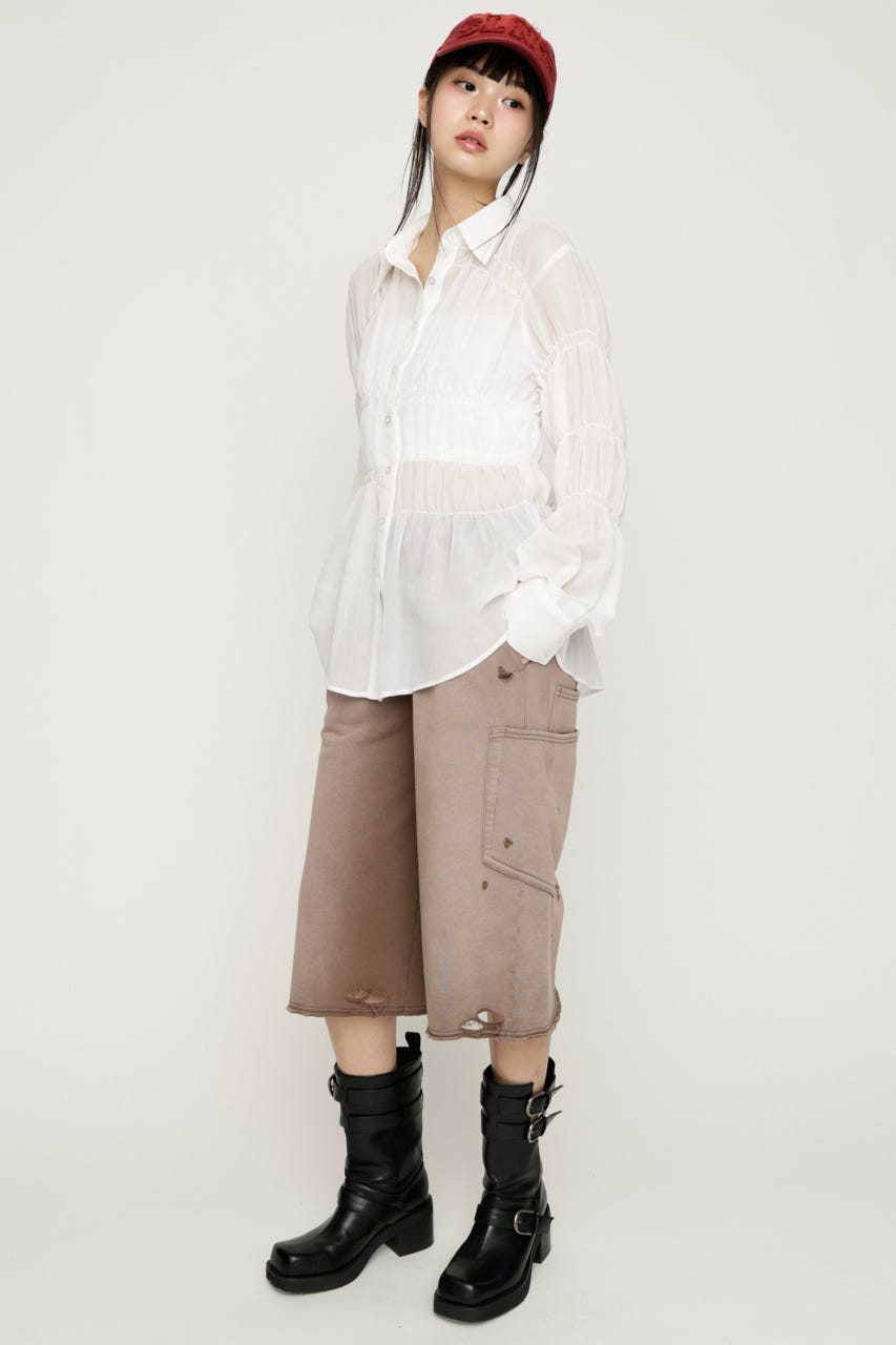 ASYMMETRY SHIRRING SHEER シャツ O/WHT FREE