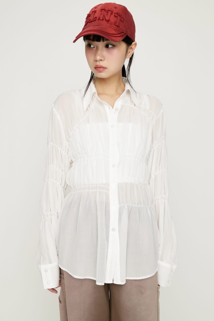 ASYMMETRY SHIRRING SHEER シャツ O/WHT FREE
