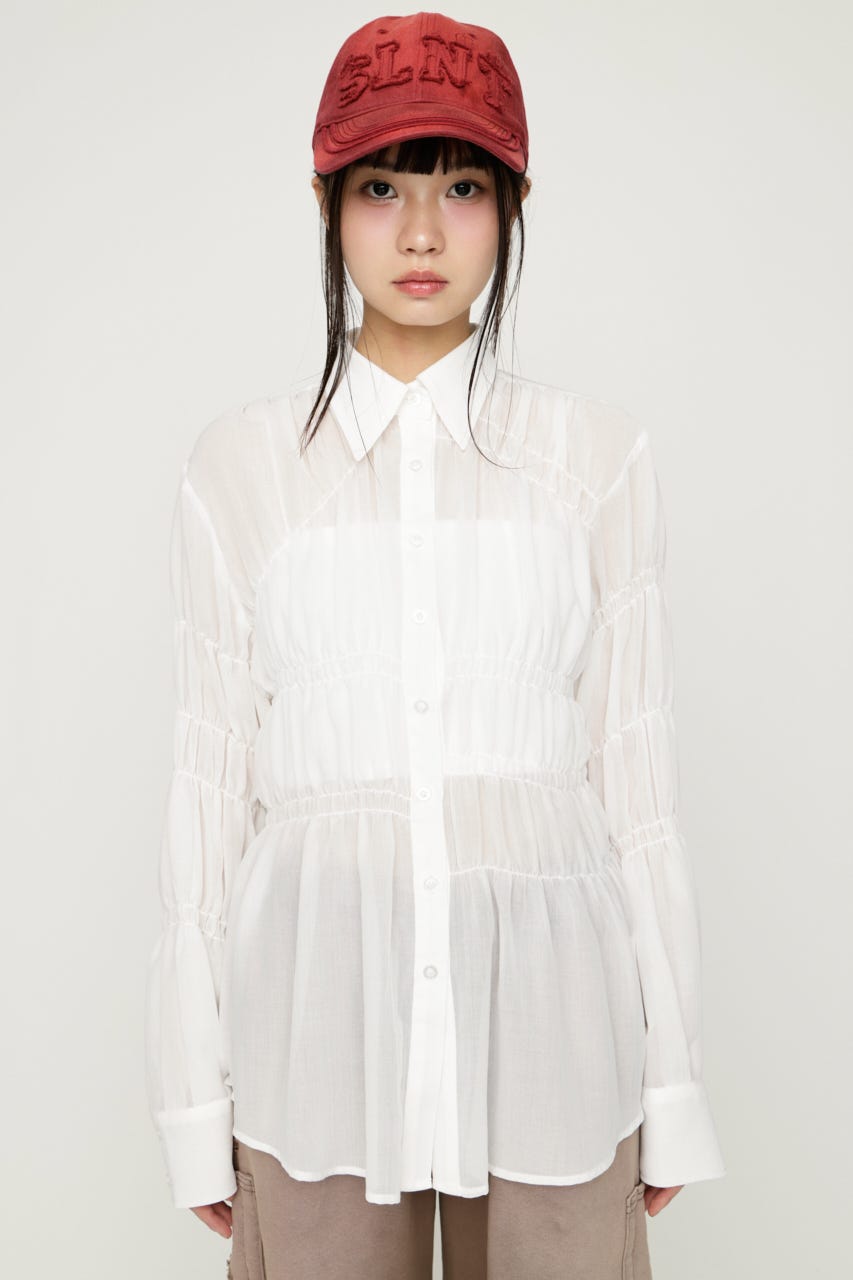ASYMMETRY SHIRRING SHEER シャツ O/WHT FREE