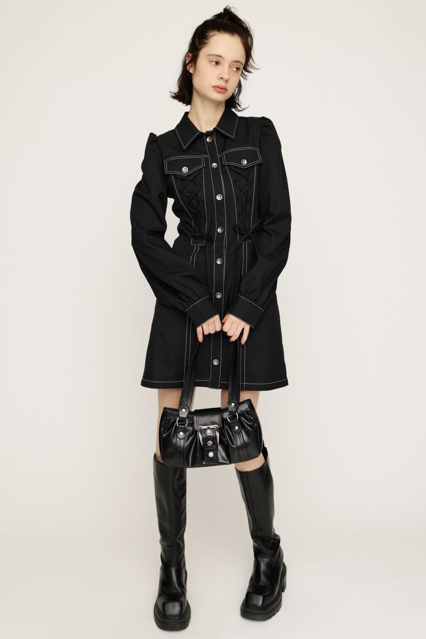 LACE UP FRONT BUTTON ショートワンピース BLK 2