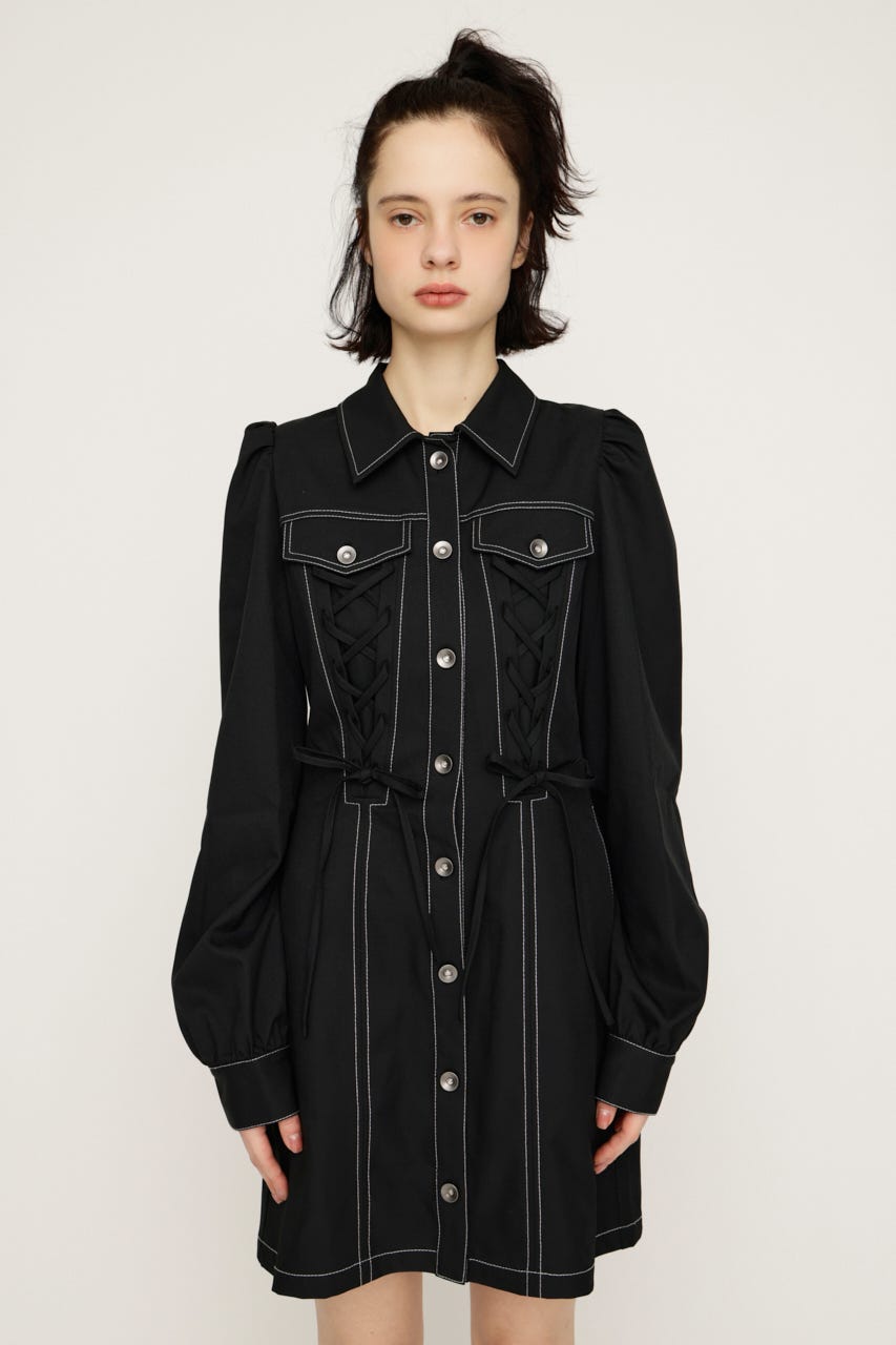 LACE UP FRONT BUTTON ショートワンピース BLK 2