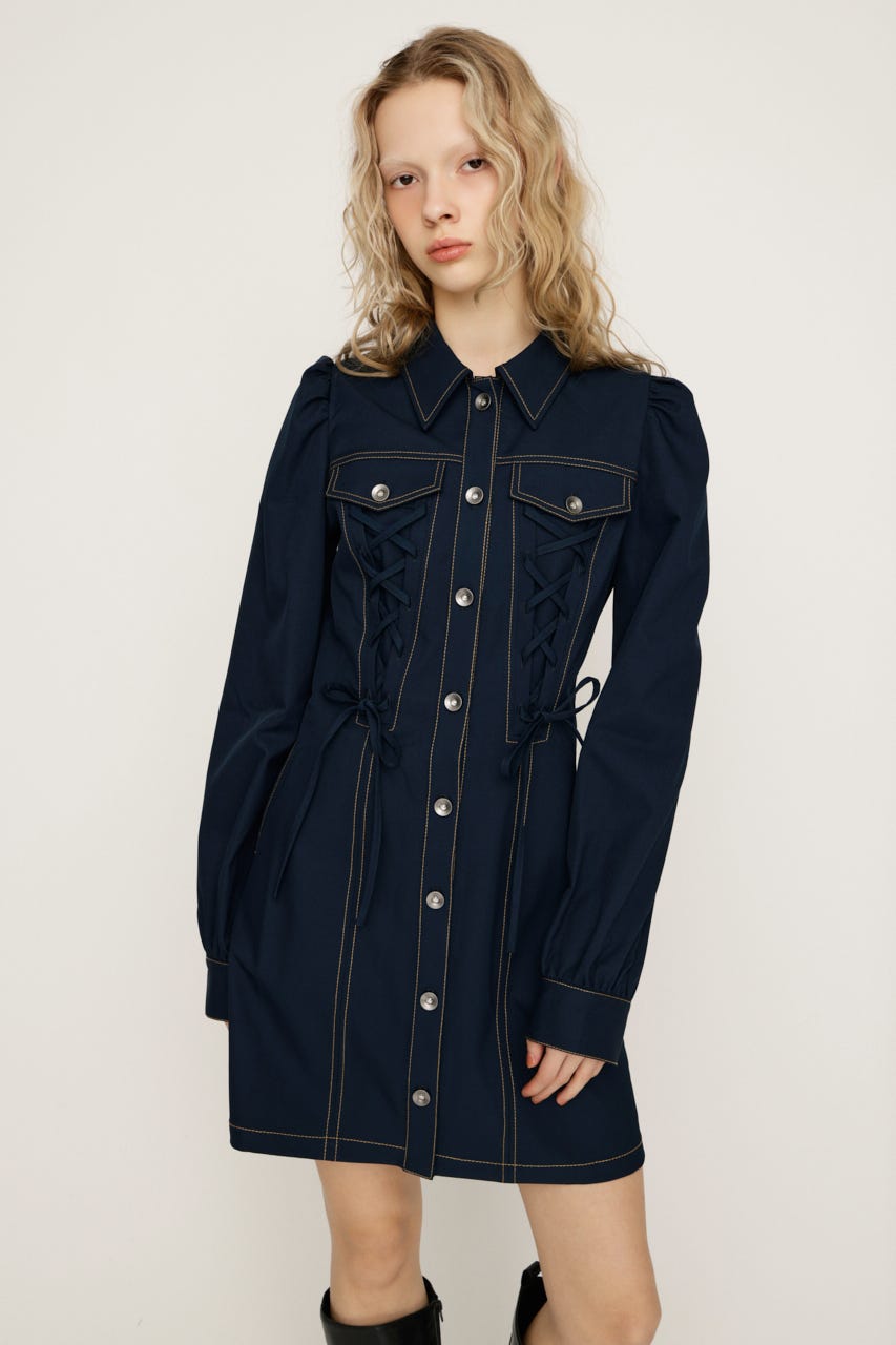 LACE UP FRONT BUTTON ショートワンピース NVY 1