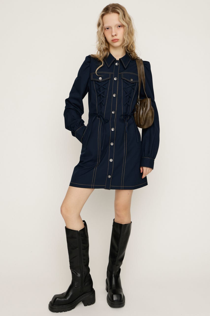 LACE UP FRONT BUTTON ショートワンピース NVY 1