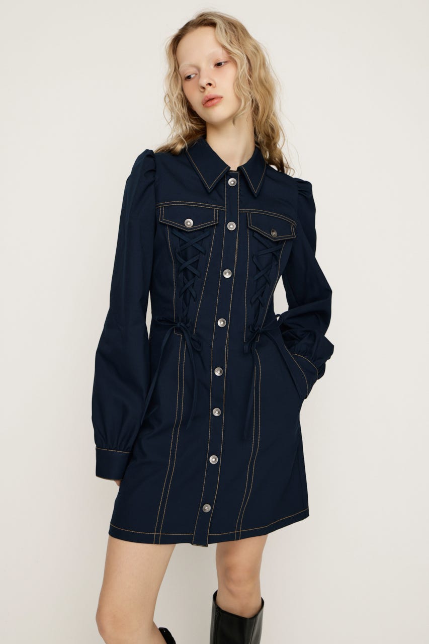 LACE UP FRONT BUTTON ショートワンピース NVY 1